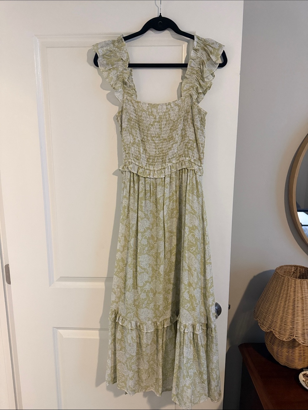 Blupepper Light Green Floral Ruffle Midi Dress